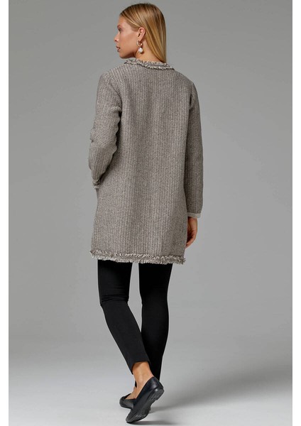 Sıfır Yaka Cepleri Düğmeli Astarlı Triko Ceket - Vizon - Kahverengi indirimleri