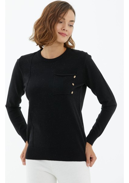 Sıfır Yaka Cepli Düğmeli Triko Kazak - Siyah