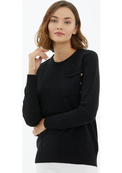 Sıfır Yaka Cepli Düğmeli Triko Kazak - Siyah fiyatları