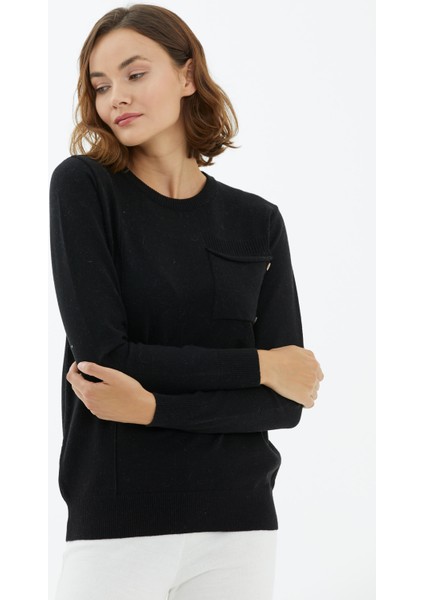 Sıfır Yaka Cepli Düğmeli Triko Kazak - Siyah modelleri