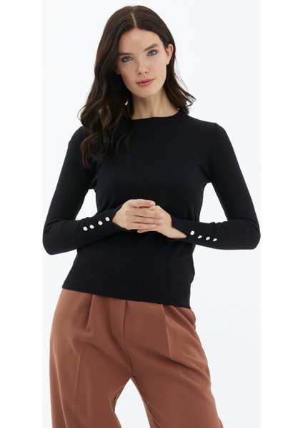Sıfır Yaka Kolu Düğmeli Triko Kazak - Siyah