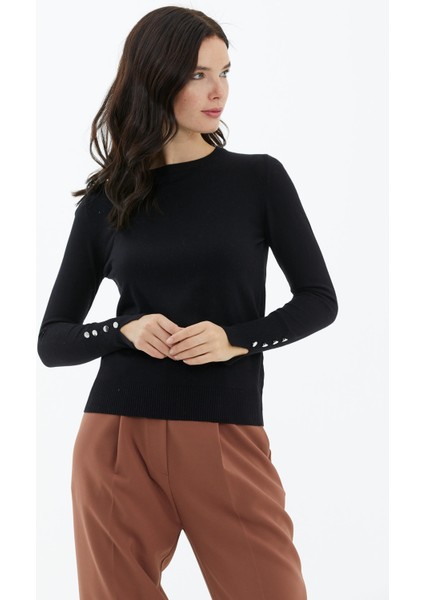 Sıfır Yaka Kolu Düğmeli Triko Kazak - Siyah fiyatları