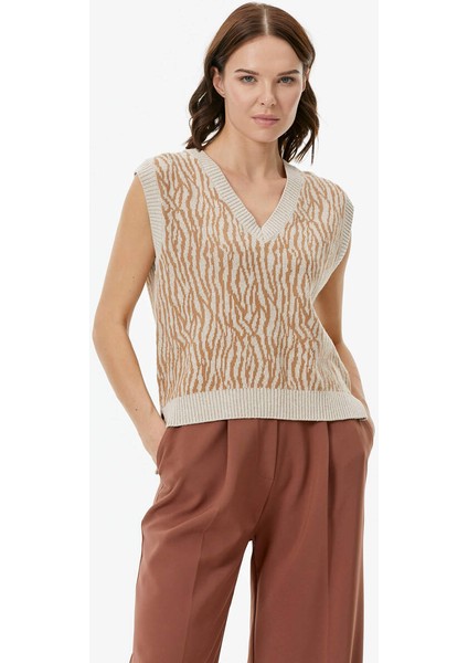V Yaka Desenli Triko Süveter - Açık Bej modelleri