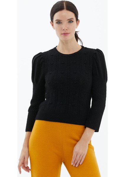 Balon Kol Saç Örgülü Triko Kazak - Siyah