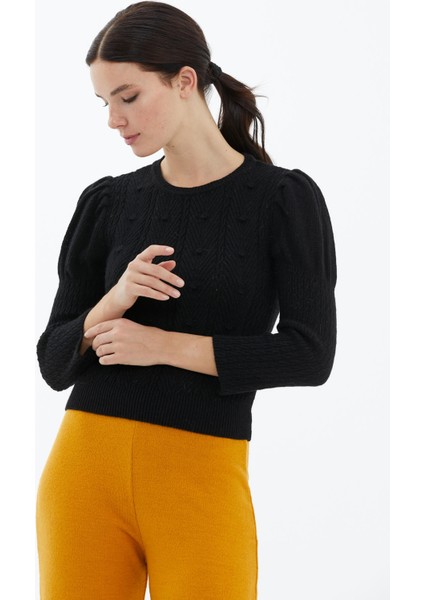 Balon Kol Saç Örgülü Triko Kazak - Siyah fiyatları