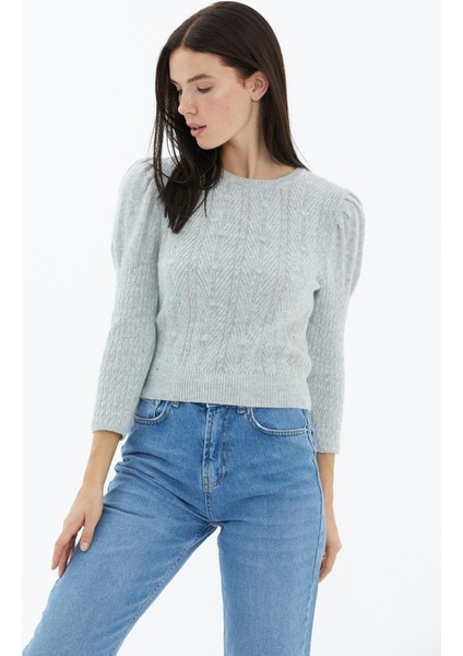 Balon Kol Saç Örgülü Triko Kazak - Gri