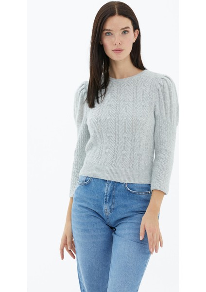 Balon Kol Saç Örgülü Triko Kazak - Gri fiyatları