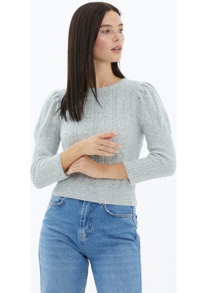 Balon Kol Saç Örgülü Triko Kazak - Gri modelleri