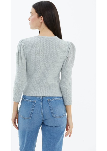 Balon Kol Saç Örgülü Triko Kazak - Gri fırsatları