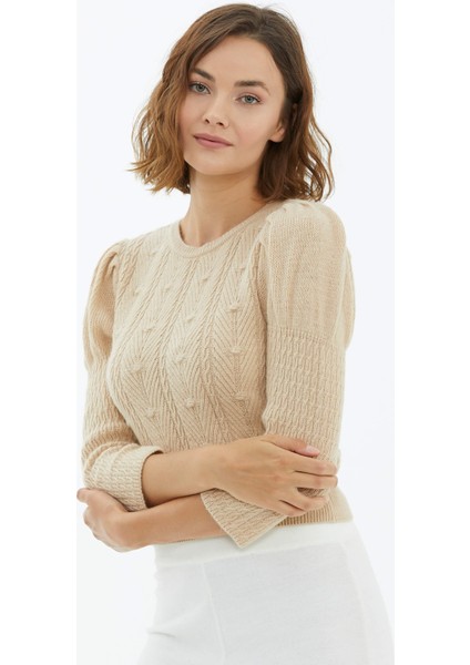 Balon Kol Saç Örgülü Triko Kazak - Bej fiyatları