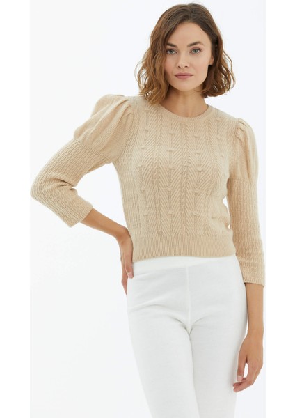 Balon Kol Saç Örgülü Triko Kazak - Bej modelleri