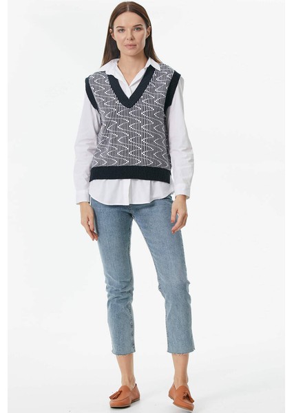 Zikzak Desenli Triko Süveter - Lacivert