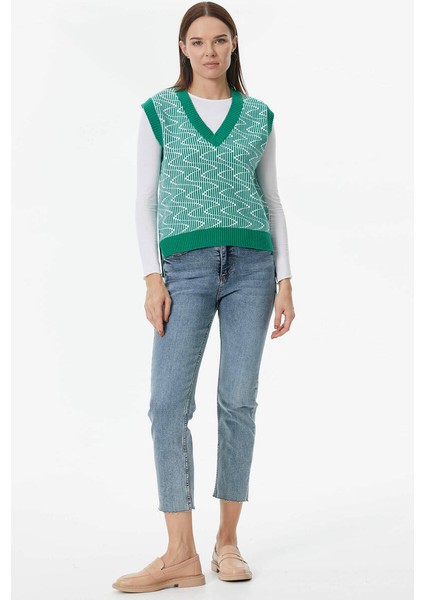 Zikzak Desenli Triko Süveter - Yeşil