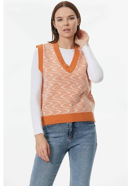 Zikzak Desenli Triko Süveter - Taba