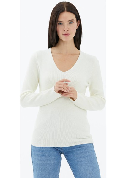 Kendinden V Yaka Triko Kazak - Ekru