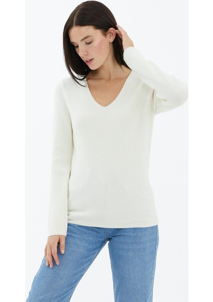 Kendinden V Yaka Triko Kazak - Ekru fiyatları