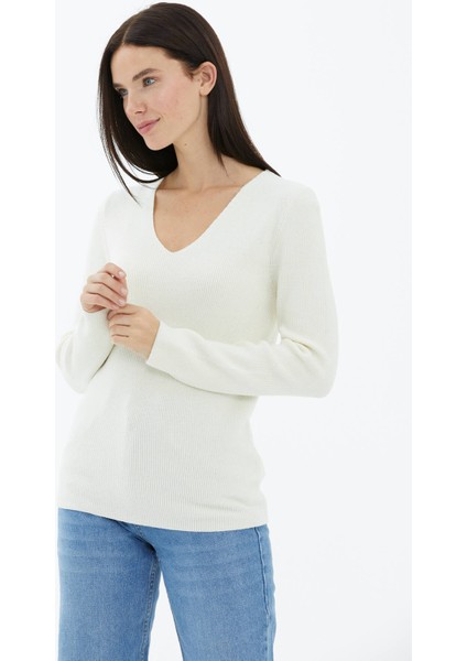 Kendinden V Yaka Triko Kazak - Ekru modelleri