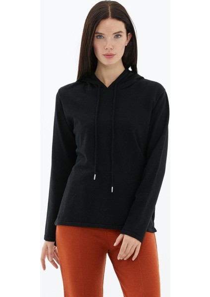 Kapüşonlu Arkası Uzun Triko Kazak - Siyah