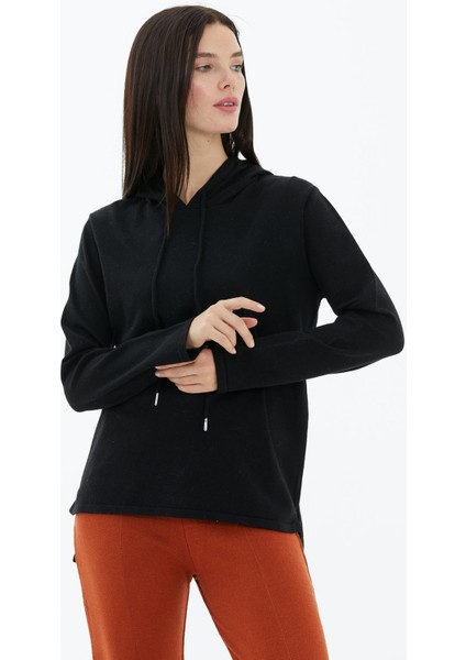 Kapüşonlu Arkası Uzun Triko Kazak - Siyah modelleri