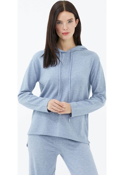 Kapüşonlu Arkası Uzun Triko Kazak - Mavi