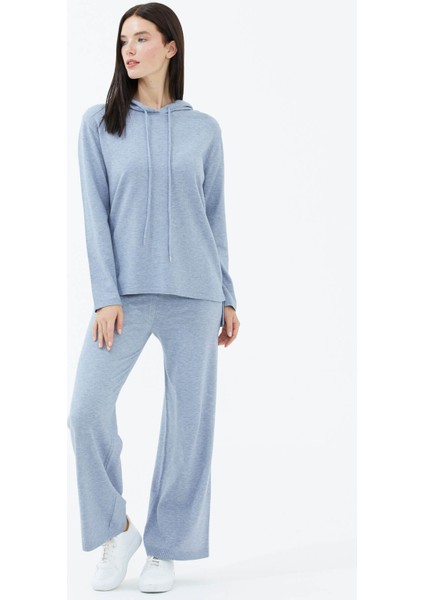 Kapüşonlu Arkası Uzun Triko Kazak - Mavi modelleri