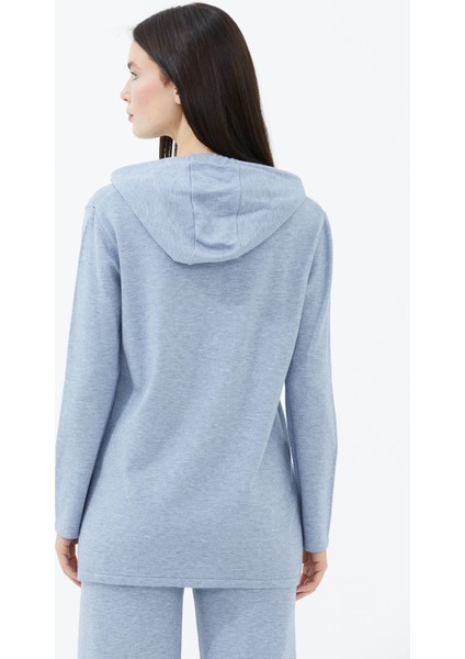 Kapüşonlu Arkası Uzun Triko Kazak - Mavi fırsatları