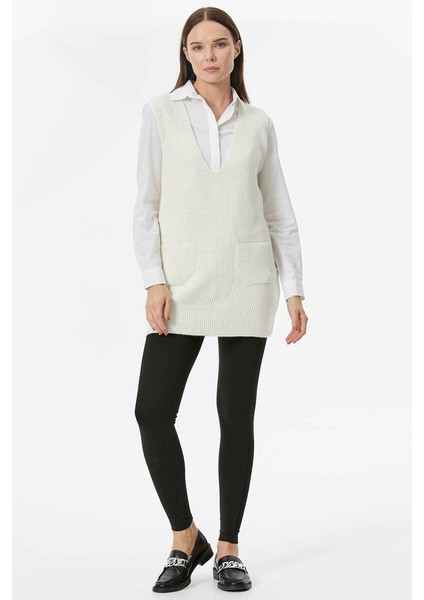 Derin V Yaka Cepli Uzun Triko Süveter - Kemik fiyatları