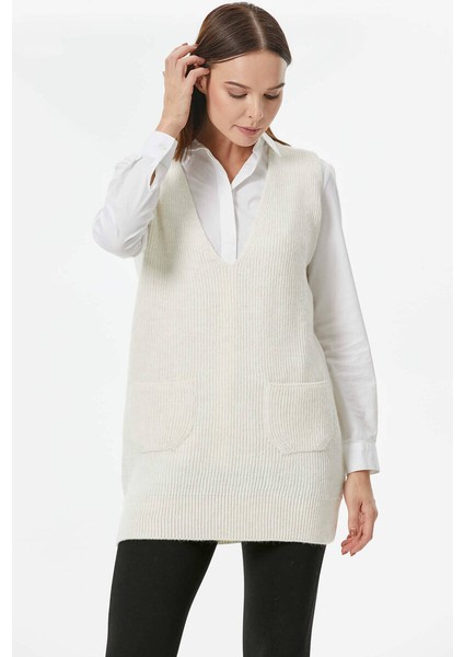 Derin V Yaka Cepli Uzun Triko Süveter - Kemik modelleri