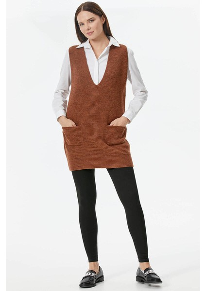 Derin V Yaka Cepli Uzun Triko Süveter - Taba