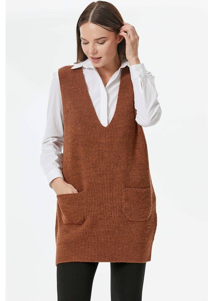 Derin V Yaka Cepli Uzun Triko Süveter - Taba fiyatları