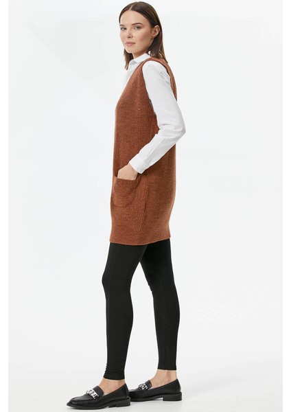 Derin V Yaka Cepli Uzun Triko Süveter - Taba modelleri