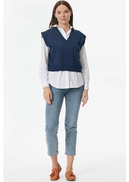 V Yaka Saç Örgülü Triko Süveter - Lacivert fiyatları