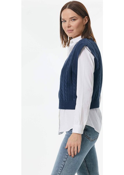 V Yaka Saç Örgülü Triko Süveter - Lacivert modelleri