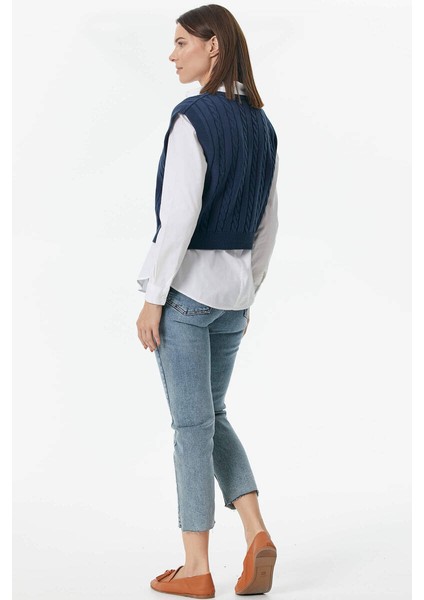 V Yaka Saç Örgülü Triko Süveter - Lacivert fırsatları