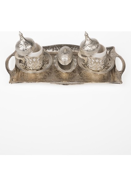 Dmt Gaziantep Bakır Zamak Döküm Antik Bakır Fincan Takımı 2 Kişilik (Tepsi 27 Cm)