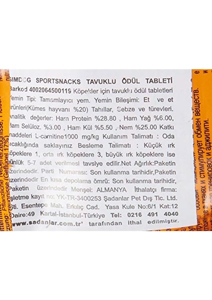 Sportsnacks Tavuk&l-Carnitinli Ödül Tableti, 60 gr