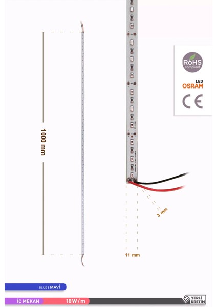 LED Bar Mavi Işık 12V 18W