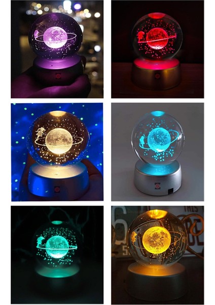 Satürn Temalı Işıklı 3D LED Işıklı Cam Küre