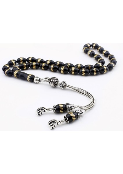 Sarmal Pirinç Işlemeli Gümüş Ayyıldız Püsküllü Oltu Tesbih