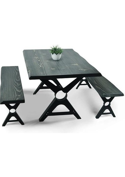 Doğal Ağaç Masif Kütük Masa ( Metal Ayak ) 90CM x 120CM + 2 Bank Bench