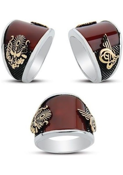 925 Ayar Gümüş Osmanlı Devlet Armalı Kırmızı Akik Taşlı Yüzük