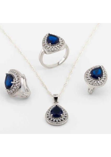 925 Ayar Gümüş Mavi Zirkon Taşlı Damla Model Bayan Set