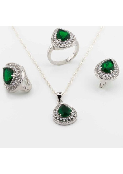 925 Ayar Gümüş Yeşil Zirkon Taşlı Damla Model Bayan Set