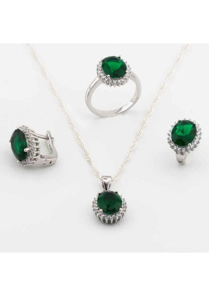 925 Ayar Gümüş Yeşil Zirkon Taşlı Yuvarlak Model Bayan Set