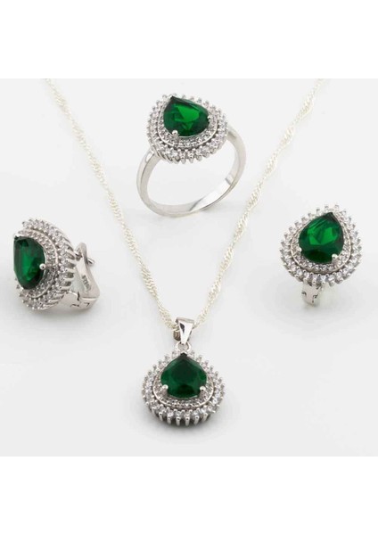 925 Ayar Gümüş Yeşil Zirkon Taşlı Damla Model Set