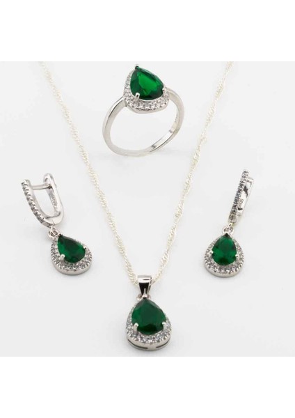 925 Ayar Gümüş Yeşil Zirkon Taşlı Damla Model Set