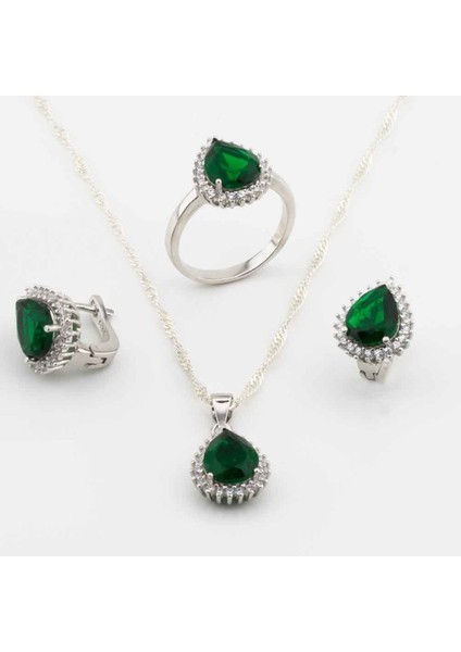 925 Ayar Gümüş Yeşil Zirkon Taşlı Damla Model Bayan Set