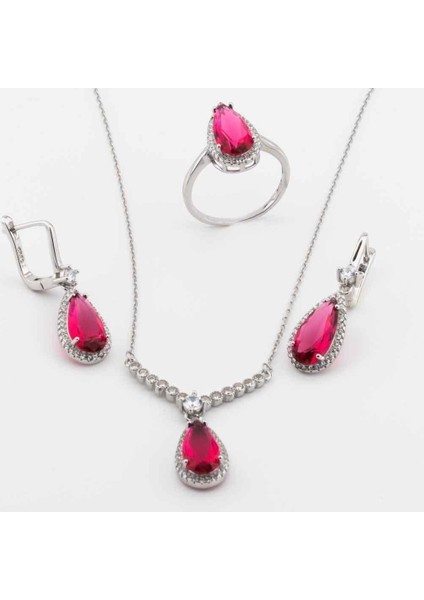 925 Ayar Gümüş Pembe Zirkon Taşlı Damla Set