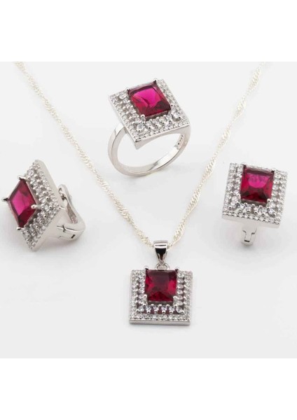 925 Ayar Gümüş Kırmızı Zirkon Kare Taşlı Bayan Set
