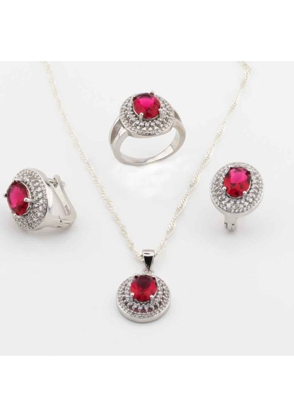 925 Ayar Gümüş Kırmızı Oval Zirkon Taşlı Set